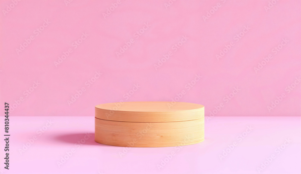Poster wooden circle podium on pink background. minimal product display concept with clean lines for modern