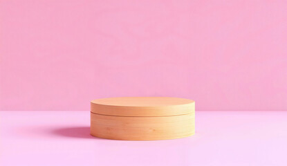 Wooden circle podium on pink background. Minimal product display concept with clean lines for modern retail design and elegant advertising.
