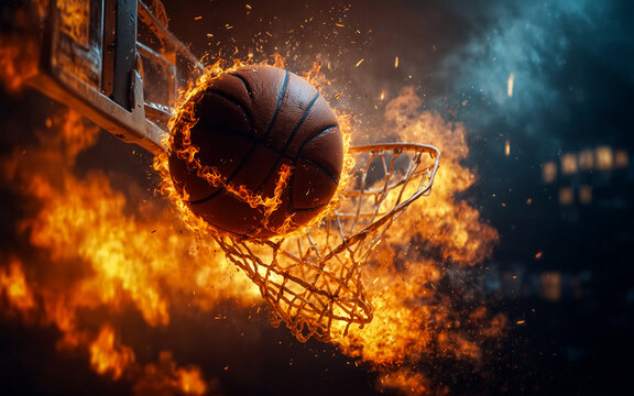A flaming ball in a basketball hoop.  Basketball hoop on fire.