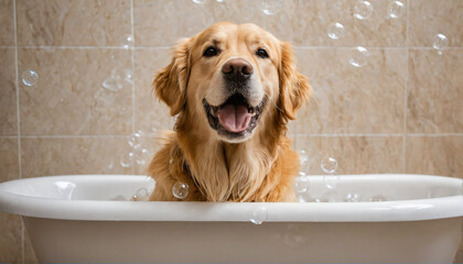 Golden retriever dog in a foamy bathtub, looking cheerful and playful