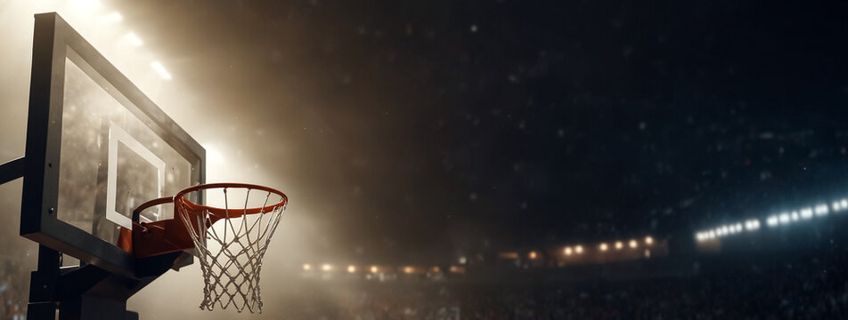 A hoop in a basketball arena.