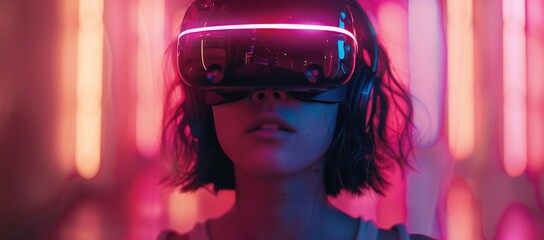 Young Woman Experiencing Virtual Reality in Neon Lights
