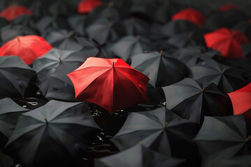 Leader in the Crowd Concept, Red Umbrella Sneaks Up Against the Flow of Black Umbrellas. Beautiful 3d Animation, 4K
