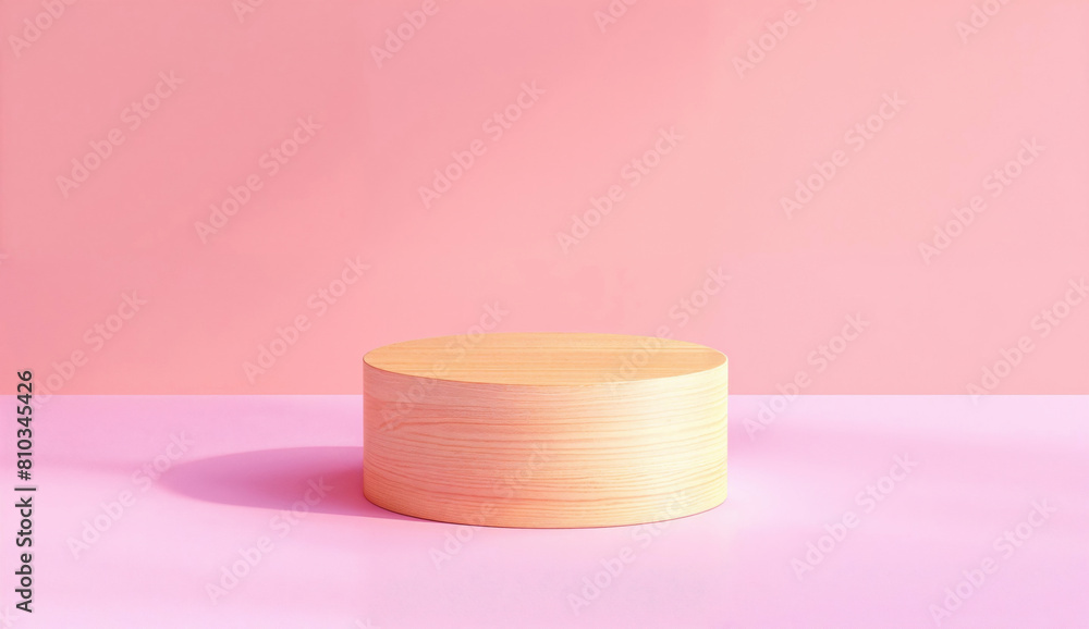 Poster wooden podium on a pink pastel background. minimal product display concept with space for design and