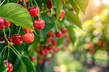 Cherries hanging from a tree branch, showcasing the natural beauty of healthy cherry trees and agriculture, with space for advertising