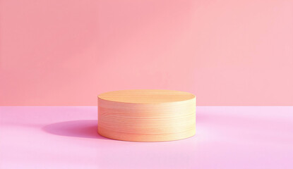 Wooden podium on a pink pastel background. Minimal product display concept with space for design and print