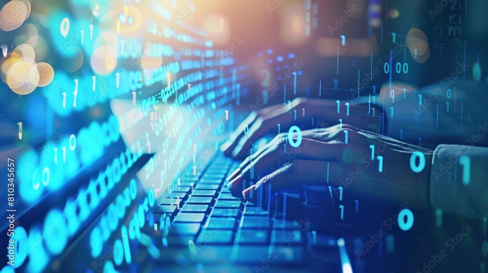 Poster hands typing on computer keyboard, with abstract code, online cyber attack, hack, threats and breach