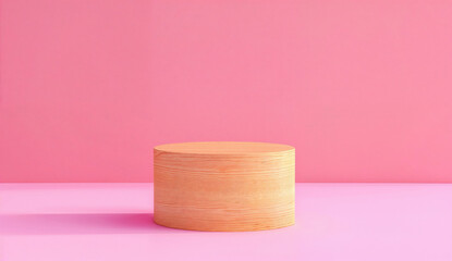 Wooden cylindrical podium on pink background. Design for product display, advertising, and branding.