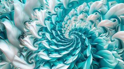 A large spiral of turquoise and white petals, closeup, fractal design, hyperdetailed, beautiful.
