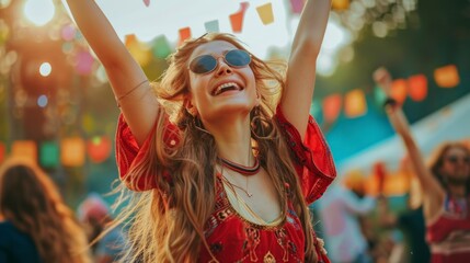 Obraz premium woman dancing at an outdoor festival during the day in high resolution and high quality. concept dance,woman,festival