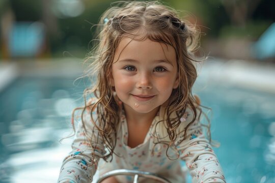 A young smiling girl with wet hair enjoys sitting by a pool, her eyes sparkling with joy