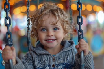 Cheerful young boy with big smile swinging on a carousel swing