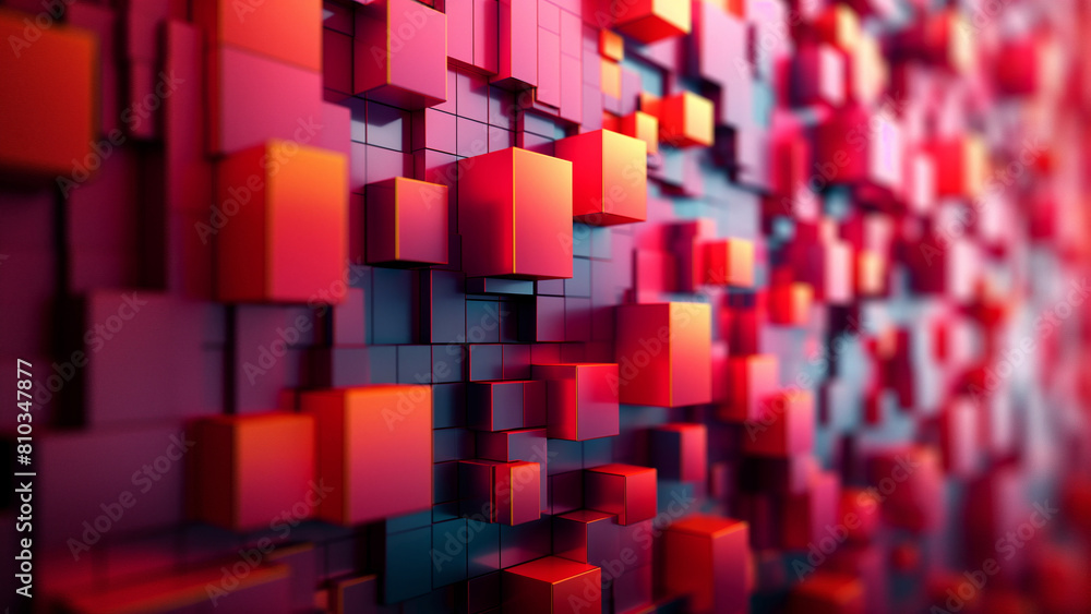 Poster modern geometric 3d artwork - abstract blocks in vibrant red shades and cubic patterns ideal for cor