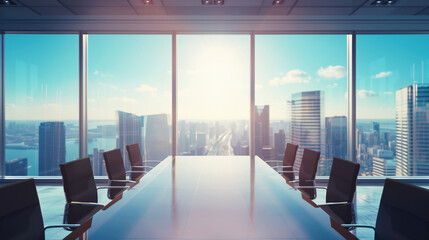 Contemporary space office background with conference room interior and city view and panoramic blue sky. Business concept.