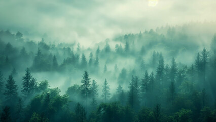 Ethereal Misty Forest Sunrise Scene with Shrouded Trees in Cool Green Tones-Perfect for Themes of Mystery and Tranquility, 8k Wallpaper High-resolution digital art.