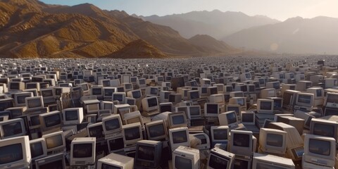 Impressive mound of antiquated computer monitors and televisions. A glimpse into the evolution of technology.