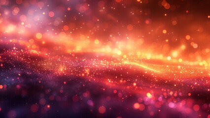 Red and purple bokeh lights with sparkling particles across a dreamlike landscape. Festive and magical atmosphere concept, 8k Wallpaper High-resolution digital art.