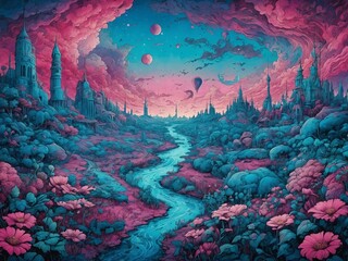 Illustration of a Surreal Dreamscape With Blue and Pink Hues, AI Generative