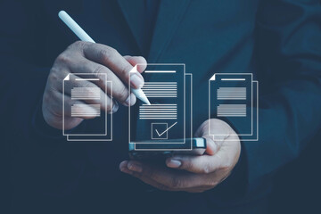 document management concept with icons on virtual screen, ERP, Online documentation database and document management system concept. Businesswoman working on laptop with virtual screen. document files