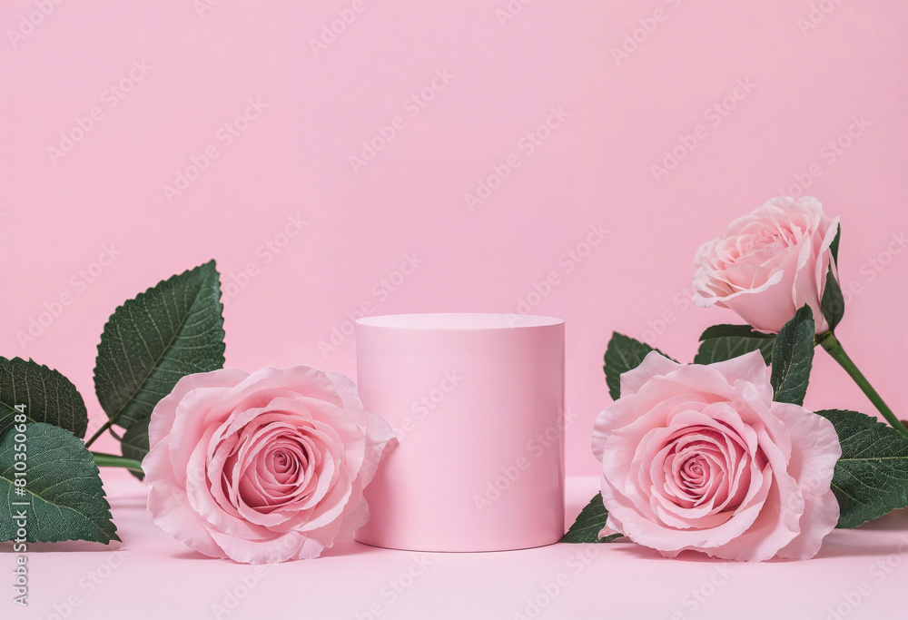 Poster pink podium with pink roses on a pink background. romantic display concept with copy space for text 