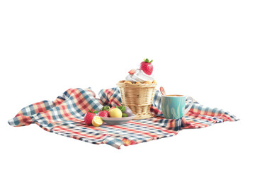 A basket of strawberries and a cup of coffee sit on a checkered blanket, illustrations, clipart, isolate transparent background.