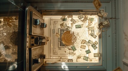 A vault filled with money is shown in the air