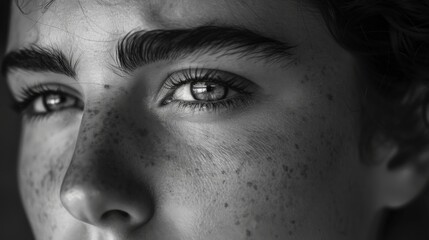 Fototapeta premium A close-up of a face with a thoughtful expression. The eyebrows are furrowed and the lips are pursed. The person is thinking deeply and contemplating.