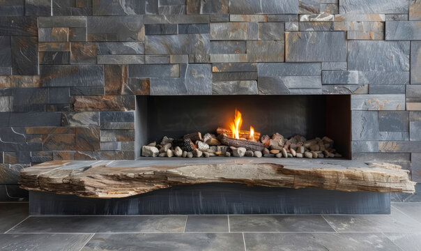 modern rustic fireplace with stacked stone design and natural wood mantel