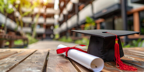 Graduate diploma and mortarboard on wooden table, exterior, university buildings background - Powered by Adobe
