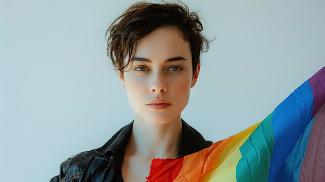 A minimalist close-up portrait of an LGBTQ person holding a pride flag