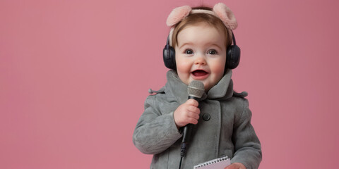 adorable baby girl journalist with microphone wearing headphones