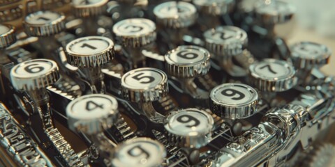 Retro Precision: Hyper-stylized macro view of a vintage adding machine, capturing intricate details and mechanical artistry