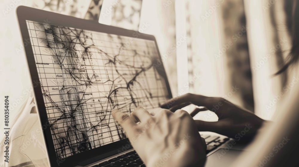 Poster contrasting realms: typing on a laptop against a backdrop of a dynamic red and white spiral, a harmo