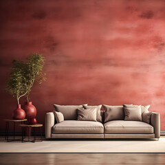 modern living room features a red modular corner sofa against a blank brown stucco wall, creating a cozy and inviting space. 