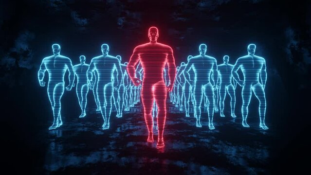 Squad of cyborgs in long corridor. Red and blue holographic peoples walk in tunnel with concrete walls for templates, banners. 4k loopable horizontal footage. 3d render, modern design in stock video.
