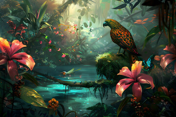 Exotic Wildlife Jungle Art. 
Colorful Jungle, leaf and Animals such as tiger, macaw, parrot, bird,...