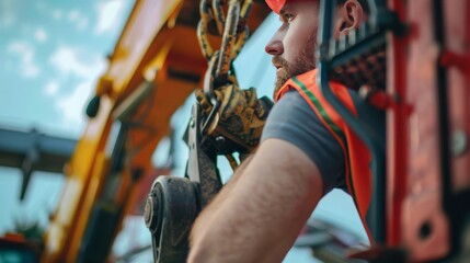 Obraz premium A close-up of a worker's face, operating a crane. The worker is wearing a safety vest and is focused on the task at hand.