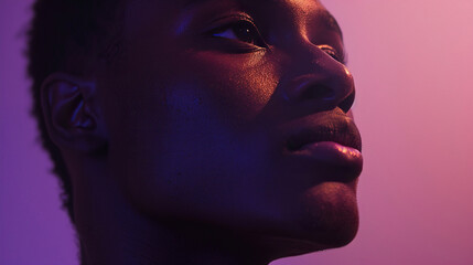 Close-up of an LGBTQ individual gazing thoughtfully into the distance, with a gentle spotlight