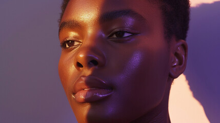 Close-up of an LGBTQ individual gazing thoughtfully into the distance, with a gentle spotlight