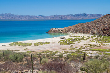 seascape, landscape in the sea of cortes i The baja Mexico, a sunny day with mountains, calm sea and white sand beach, bahia concepcion or conception bay. The Baja sea and desert, blue clear sky