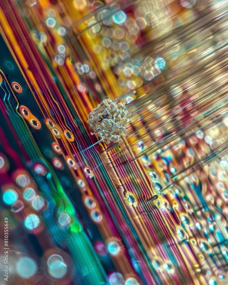 Poster vibrant circuitry: computer chip adorned with a captivating and colorful design, a fusion of technol