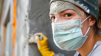 A close-up of a worker's face, painting a wall. The worker is wearing a mask and is focused on the work.