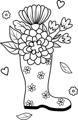 Vector illustration of a rubber boot with flowers, tulips, daisies, peonies, hydrangeas. A black and white outline. Seasonal illustration of a rubber boot with spring flowers for gardening, clipart.