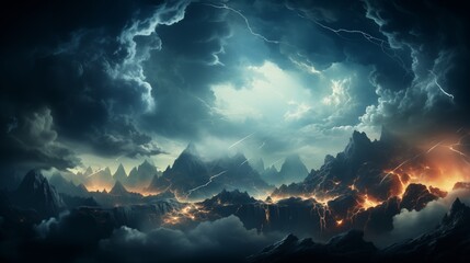 Dramatic Thunderstorm over Rugged Mountainous Landscape at Night