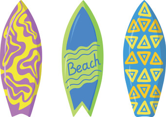 A set of surfboards in a tropical style. Three vector surfboards with a beautiful pattern. Summer. Vector illustration of summer sports and entertainment. Fashionable design for websites and printing