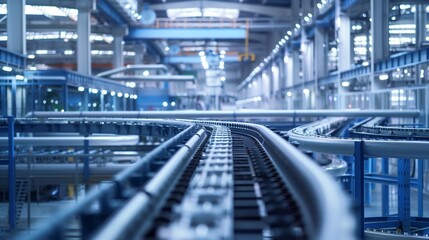 Fototapeta premium Zoom in on the conveyor belt within a factory, depicting the interplay of metal components and electrical wiring, a symphony of engineering at work 