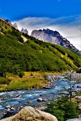 Rio Ascencio with the granite Paine Massif in the background as a part of Cordillera del Paine in...