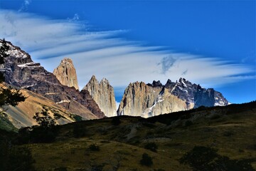 Paine Massif with the distinctive granite peaks Torres del Paine (on the left) as a part of...