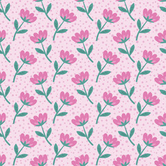 Vintage seamless floral pattern. A background of bright flowers on a pink polka dot background. Vector graphics for printing on surfaces and web design.