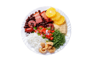 Brazilian feijoada, traditional food from Brazil cuisine, on ceramic plate isolated white background